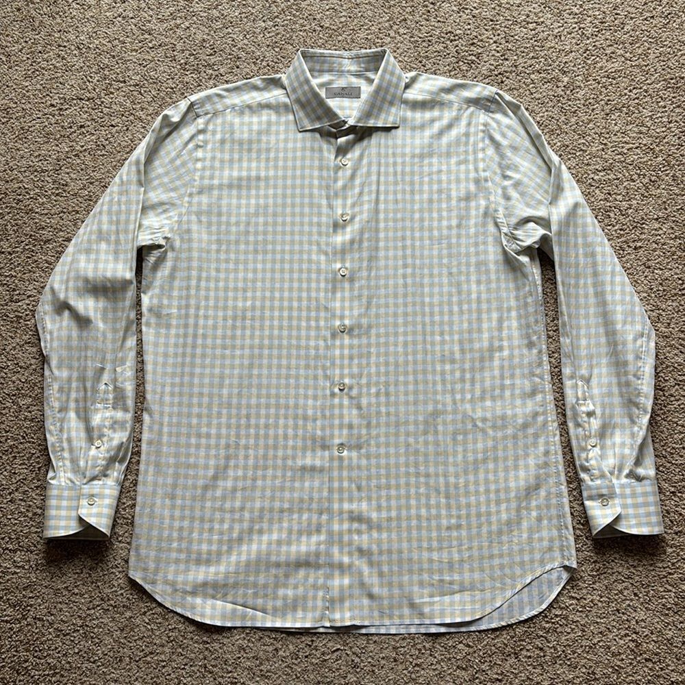 *Recent* Canali 1934 Blue Yellow Check Spread Collar Button Down Shirt US 17.5
